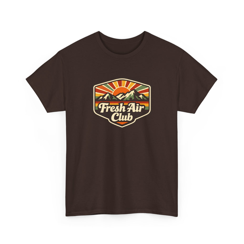 Fresh Air Club T-Shirt — Retro Mountain Sunset Outdoor Tee