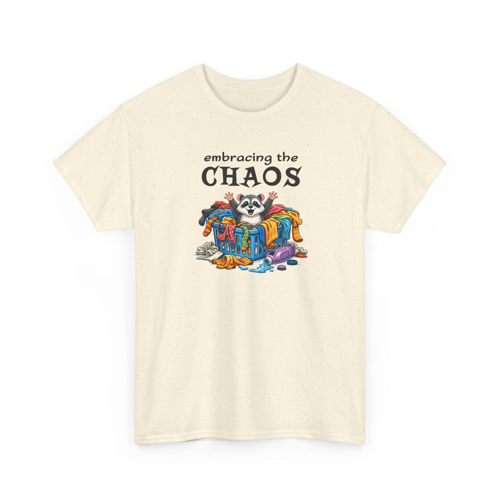 Embracing the Chaos T‑Shirt — Playful Raccoon & Messy Wardrobe Graphic Tee