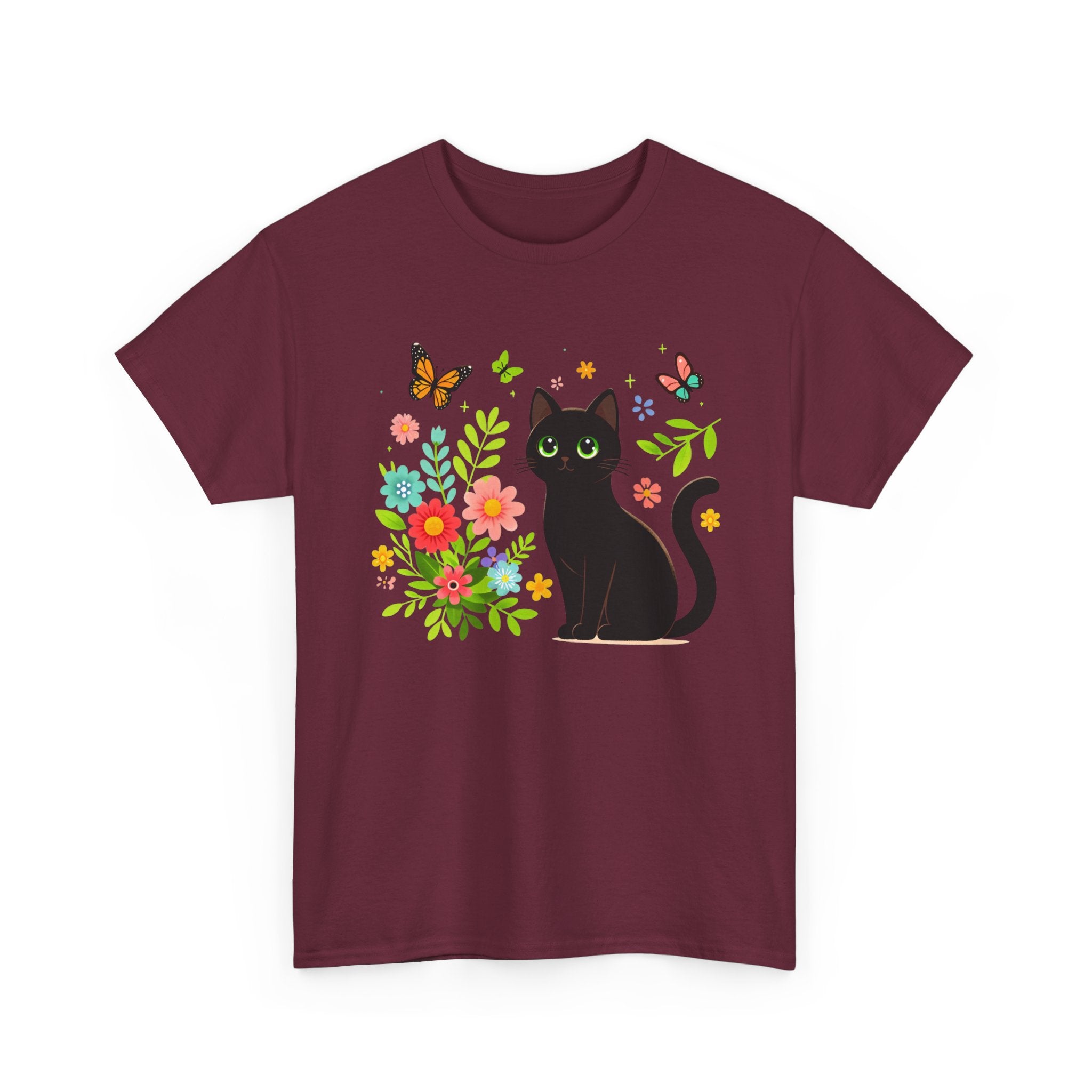 Black Cat Floral Tee - Cute Cat, Flowers & Butterflies Graphic T-Shirt