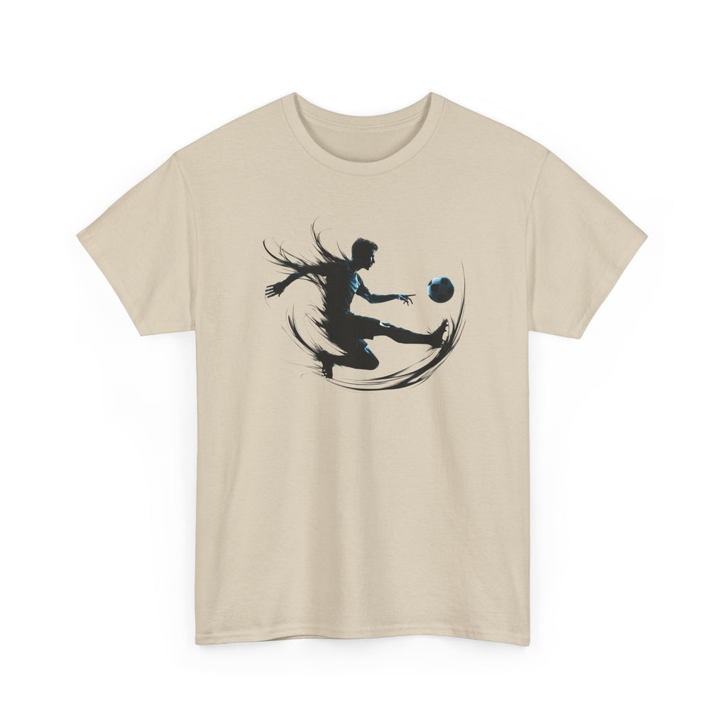 Soccer Player Silhouette Tee — Dynamic Kicking Football Graphic T-Shirt
