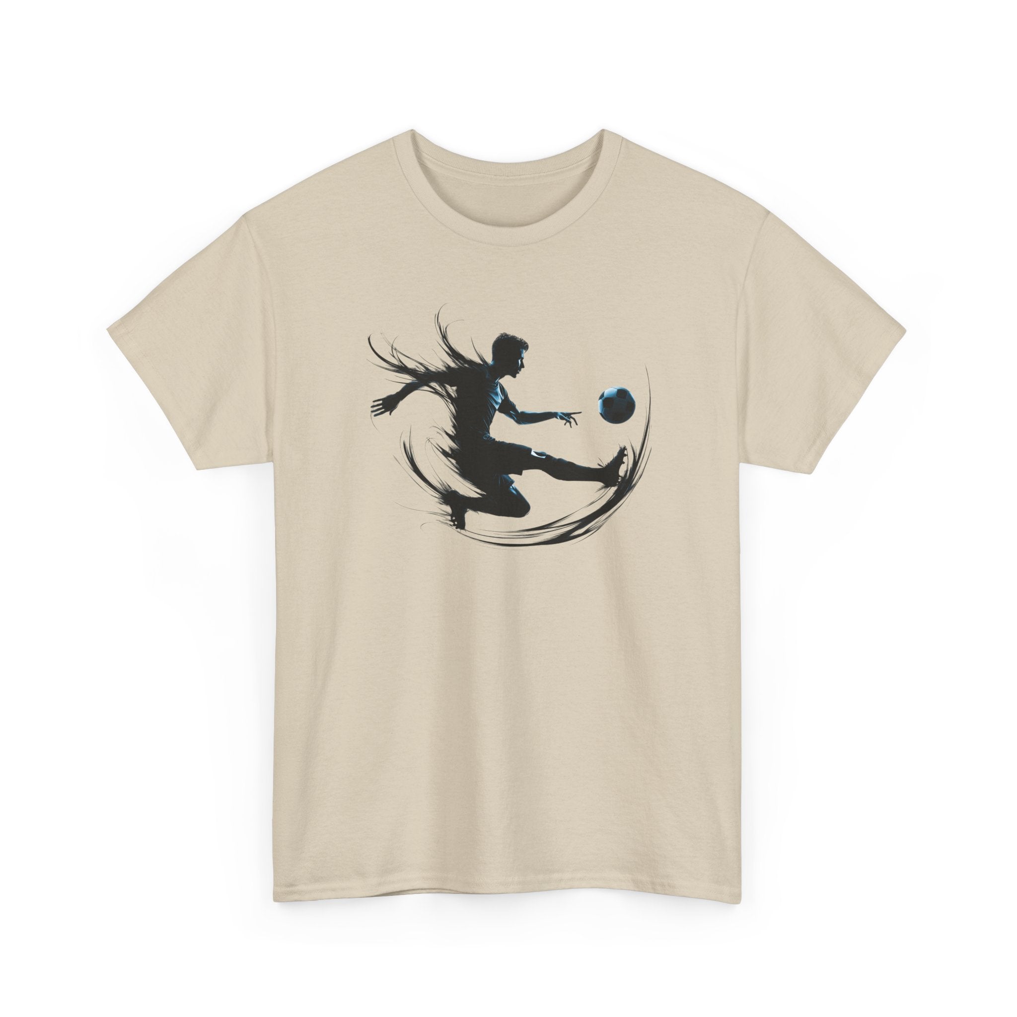Soccer Player Silhouette Tee — Dynamic Kicking Football Graphic T-Shirt
