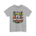 Gray t-shirt with sports-themed graphic and text 'i yell at the tv professionally' on a white background