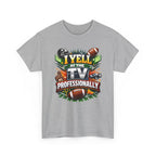 Gray t-shirt with sports-themed graphic and text 'i yell at the tv professionally' on a white background
