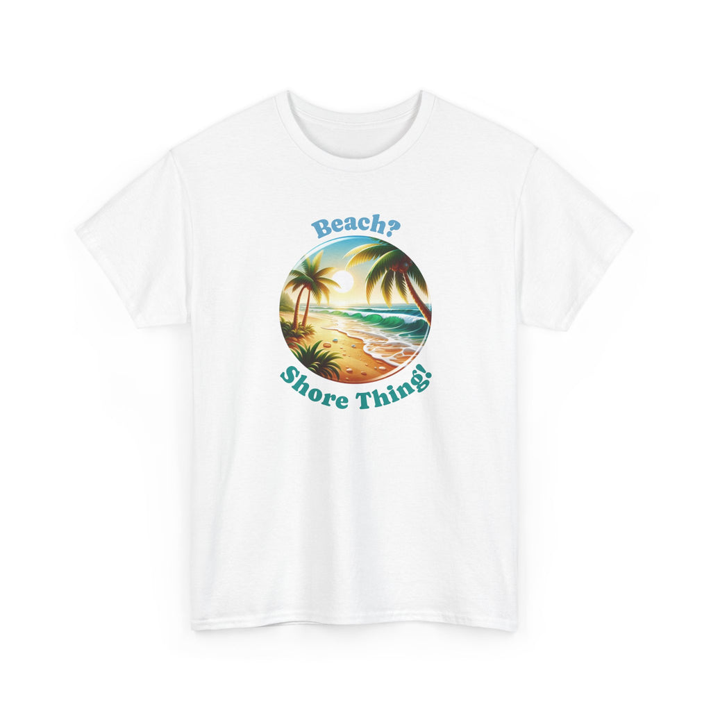 a beach graphic with palm trees and ocean in the middle with the text 'beach? shore thing!'