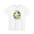 a beach graphic with palm trees and ocean in the middle with the text 'beach? shore thing!'