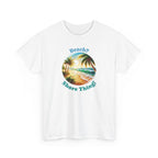 a beach graphic with palm trees and ocean in the middle with the text 'beach? shore thing!'