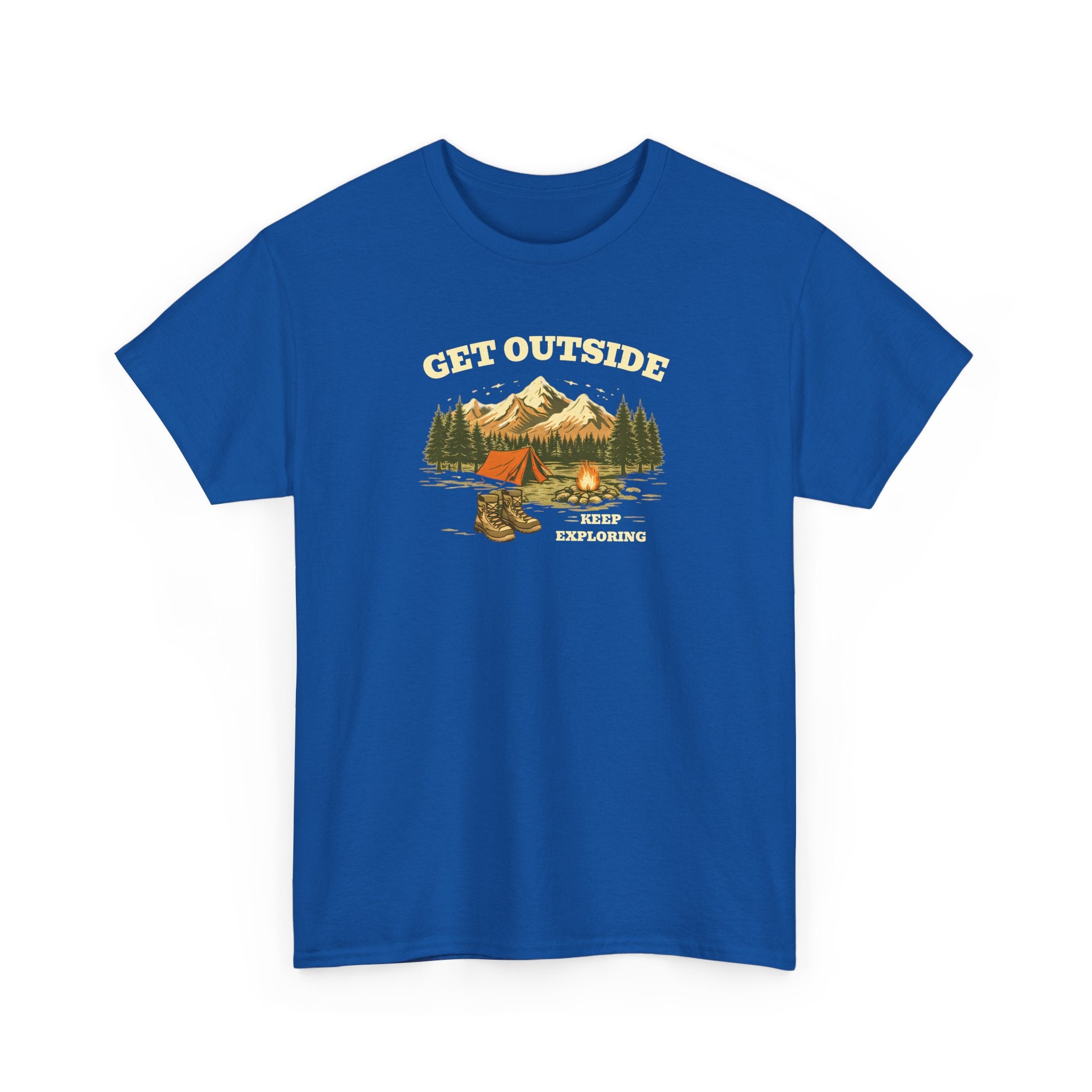 Get Outside Camping T-Shirt — Retro Mountain Tent & Campfire Tee