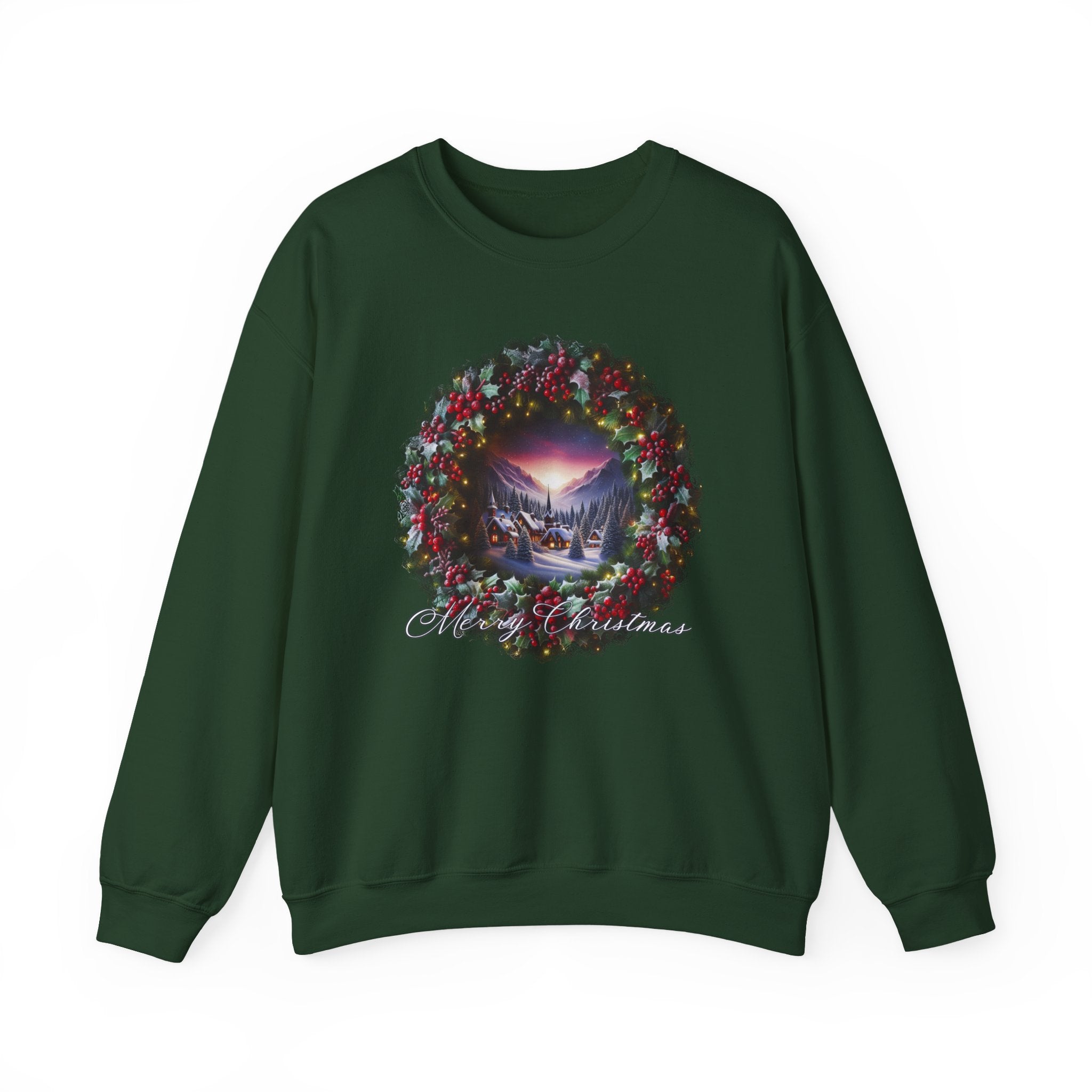 Christmas Wreath Crewneck Sweatshirt — Vintage Winter Scene Christmas Wishes