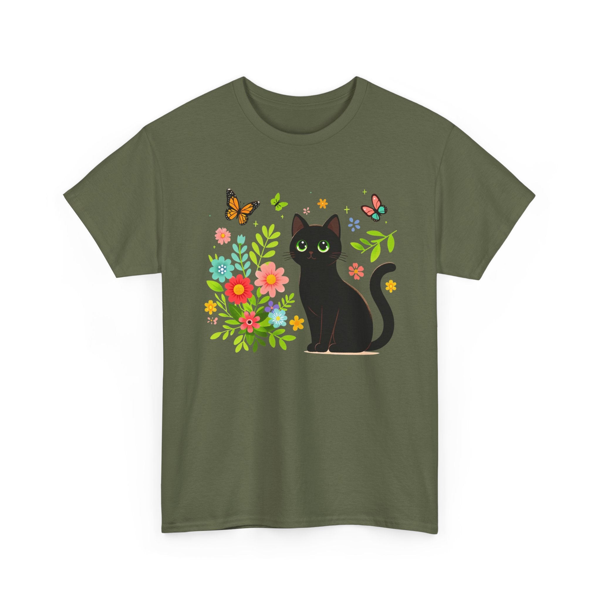 Black Cat Floral Tee - Cute Cat, Flowers & Butterflies Graphic T-Shirt