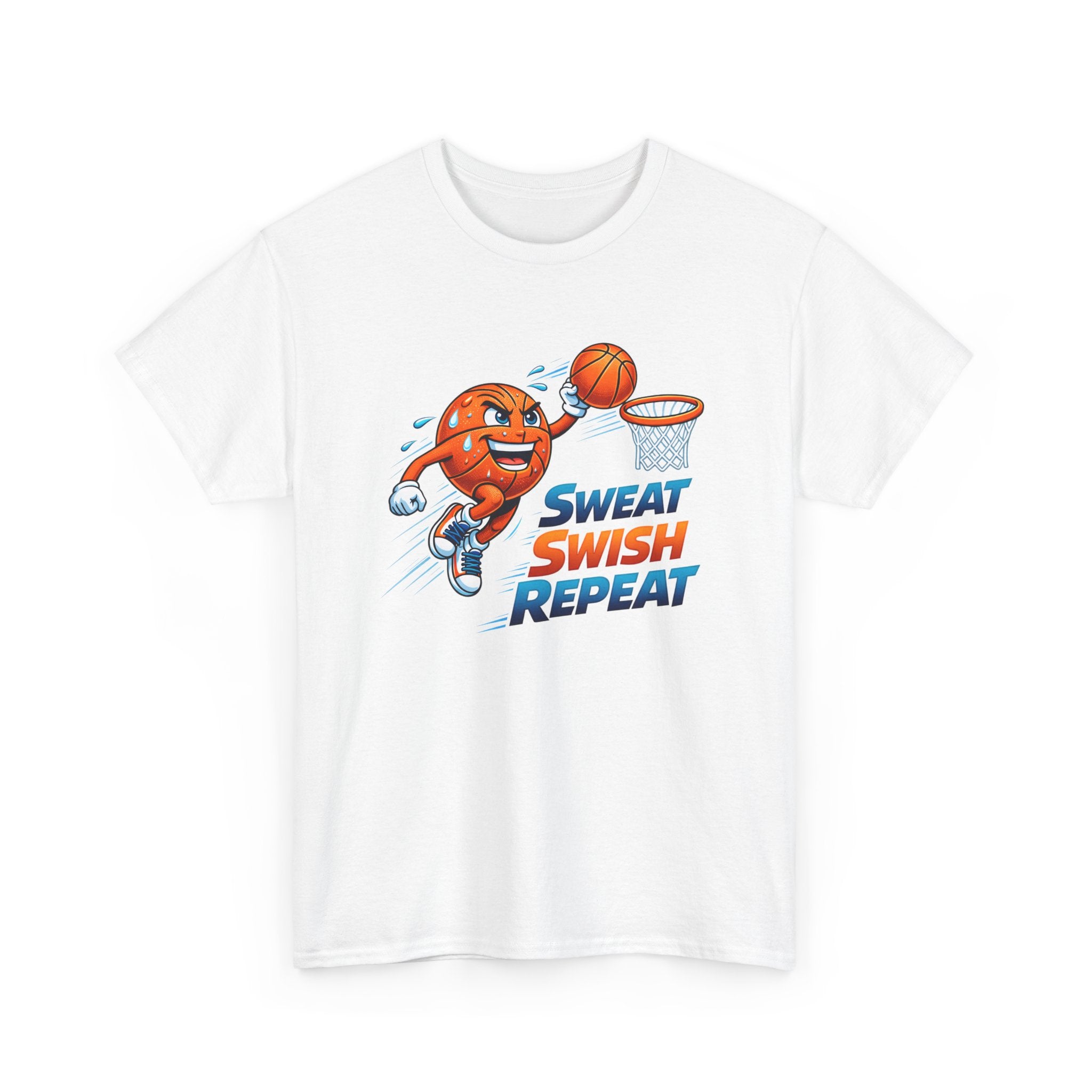 Sweat Swish Repeat Basketball T‑Shirt — Fun Hoop Cartoon Graphic Tee