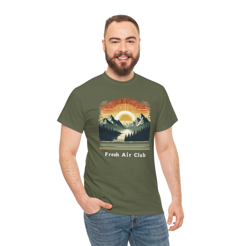 Fresh Air Club Mountain Sunset T-Shirt — Retro Outdoor Adventure Tee