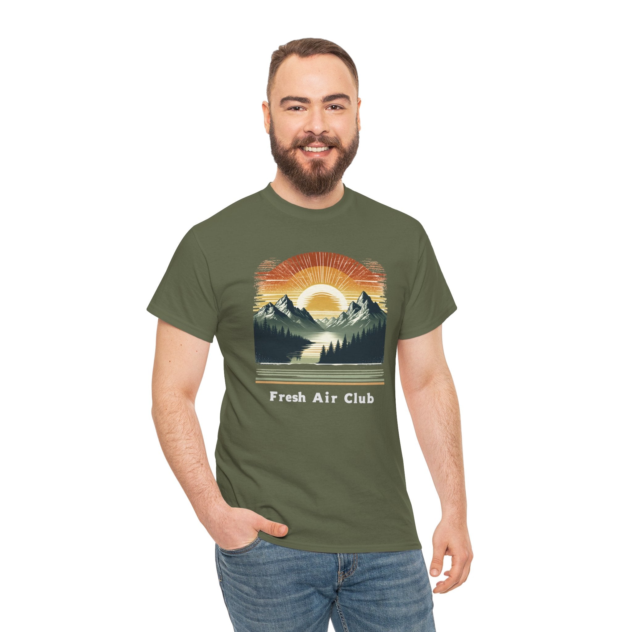 Fresh Air Club Mountain Sunset T-Shirt — Retro Outdoor Adventure Tee