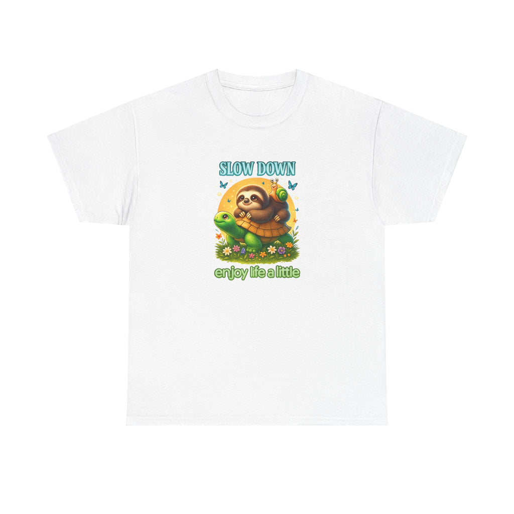Slow Down Turtle Sloth & Snail V-Neck Tee — "Enjoy Life a Little" Relaxed Graphic Shirt