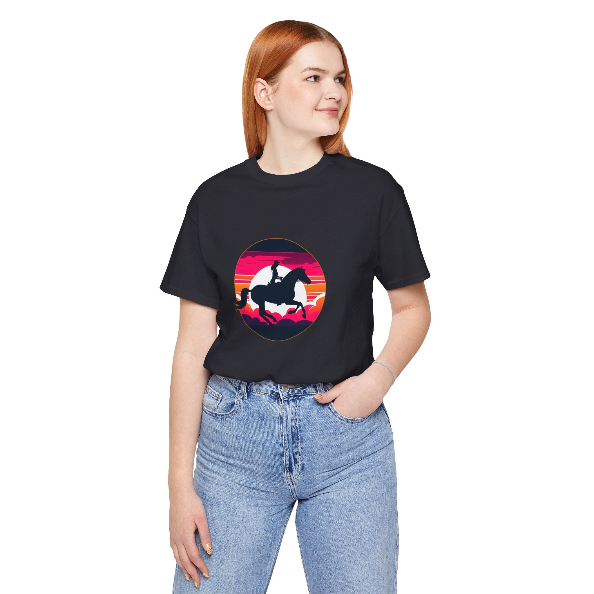 Woman Horse Riding Retro Sunset Tee