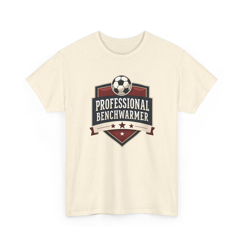 Beige t-shirt with 'Professional Benchwarmer' graphic on a white background