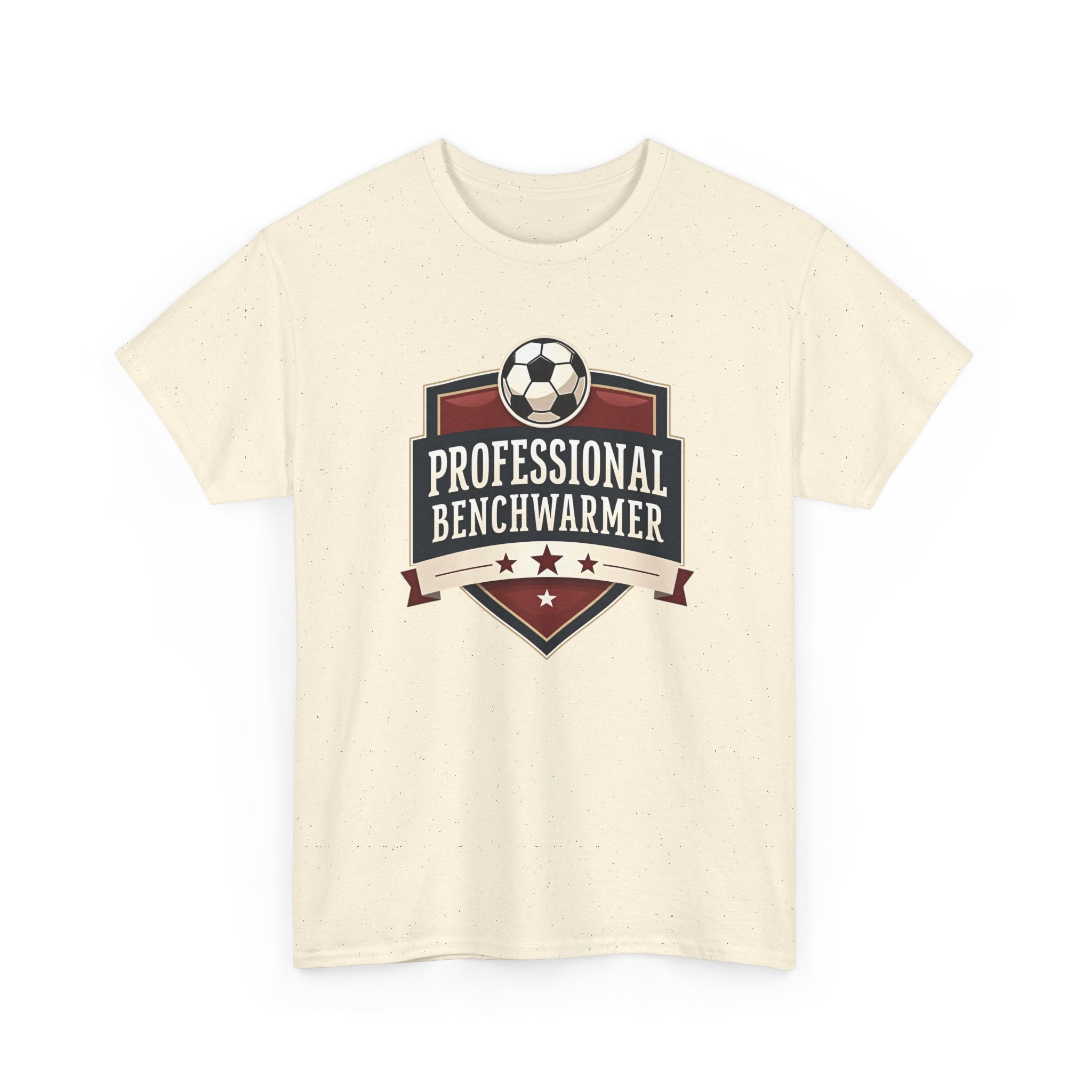 Beige t-shirt with 'Professional Benchwarmer' graphic on a white background