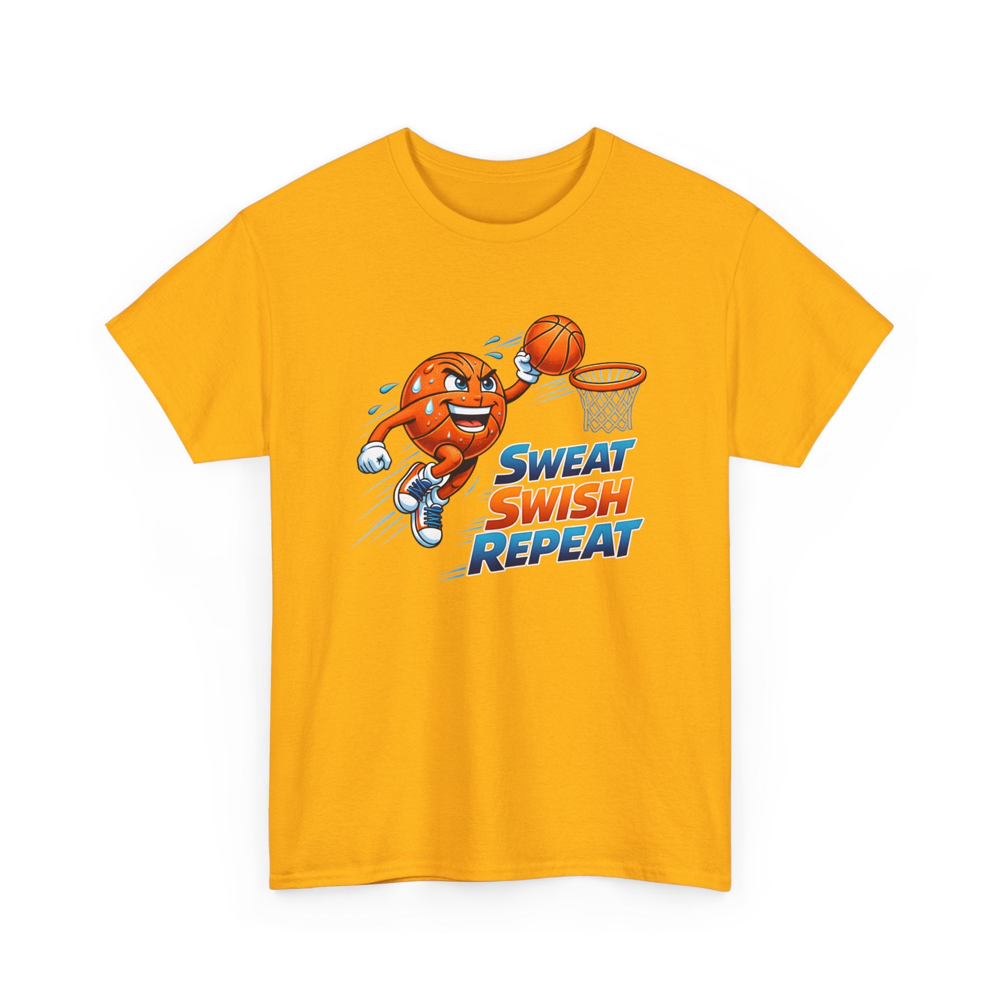 Sweat Swish Repeat Basketball T‑Shirt — Fun Hoop Cartoon Graphic Tee