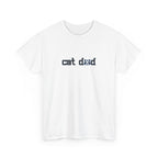 White t-shirt with 'cat dad' text on a white background