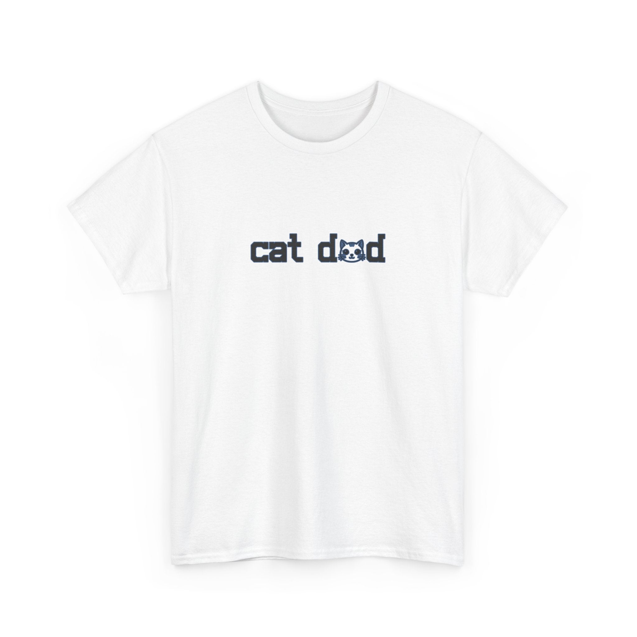 White t-shirt with 'cat dad' text on a white background