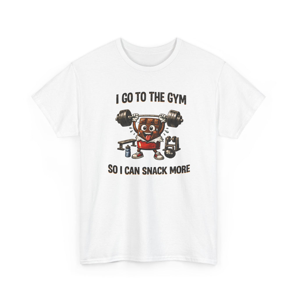 White t-shirt with a graphic of a candy bar lifting weights and text 'I go to the gym so I can snack more' on a white background.