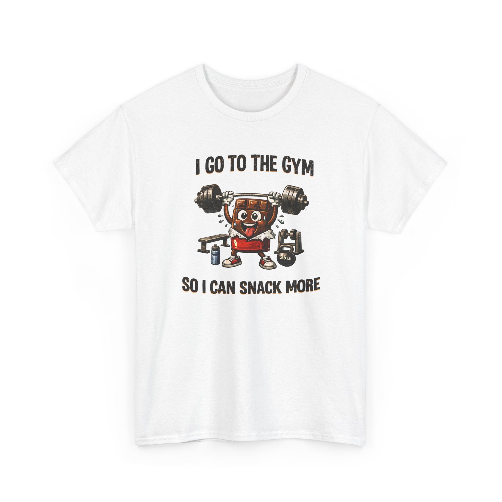 White t-shirt with a graphic of a candy bar lifting weights and text 'I go to the gym so I can snack more' on a white background.