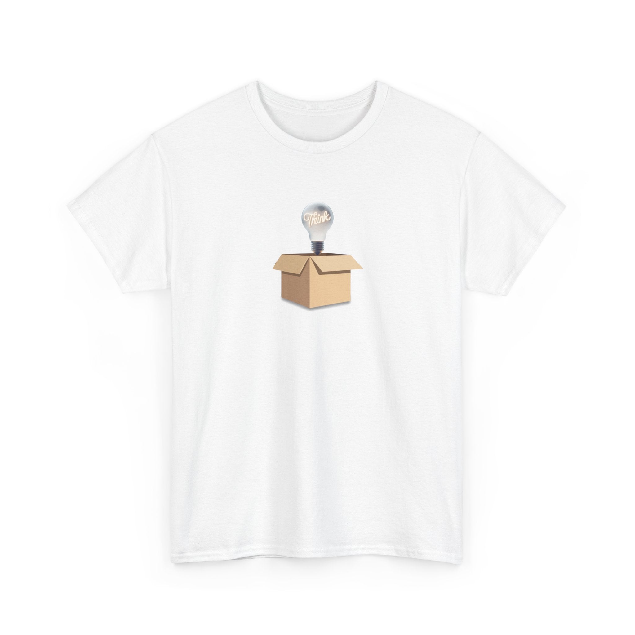 T shirt with a glowing light bulb with the word ‘Think’ rising from an open cardboard box on a black background, symbolizing creativity, innovation, and new ideas.