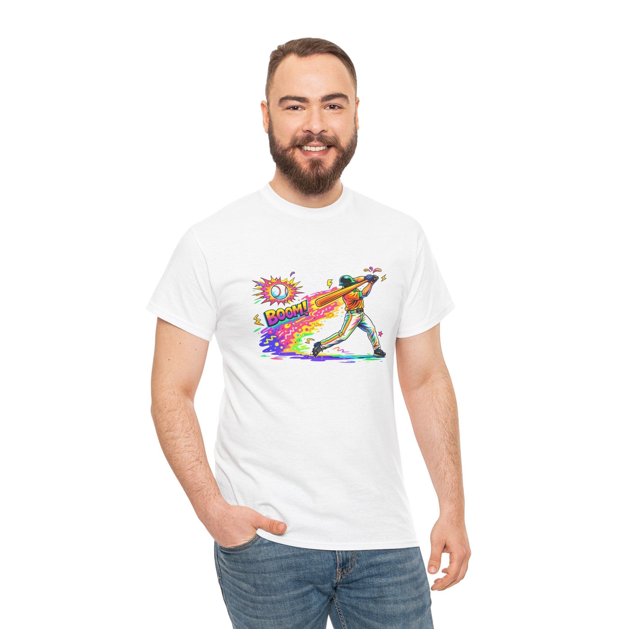 Baseball Batter Rainbow Blast Tee — 'Boom!' Graphic Sports T-Shirt