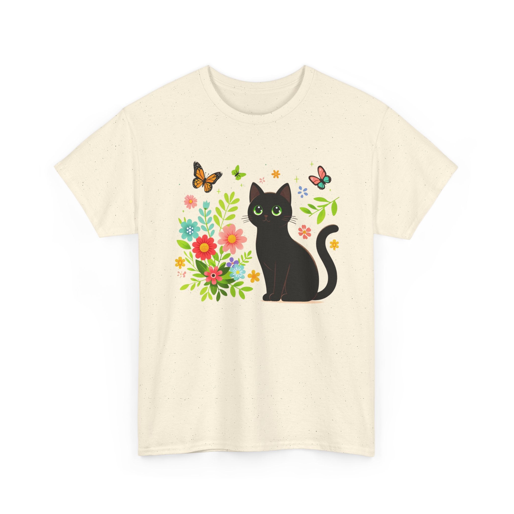Black Cat Floral Tee - Cute Cat, Flowers & Butterflies Graphic T-Shirt