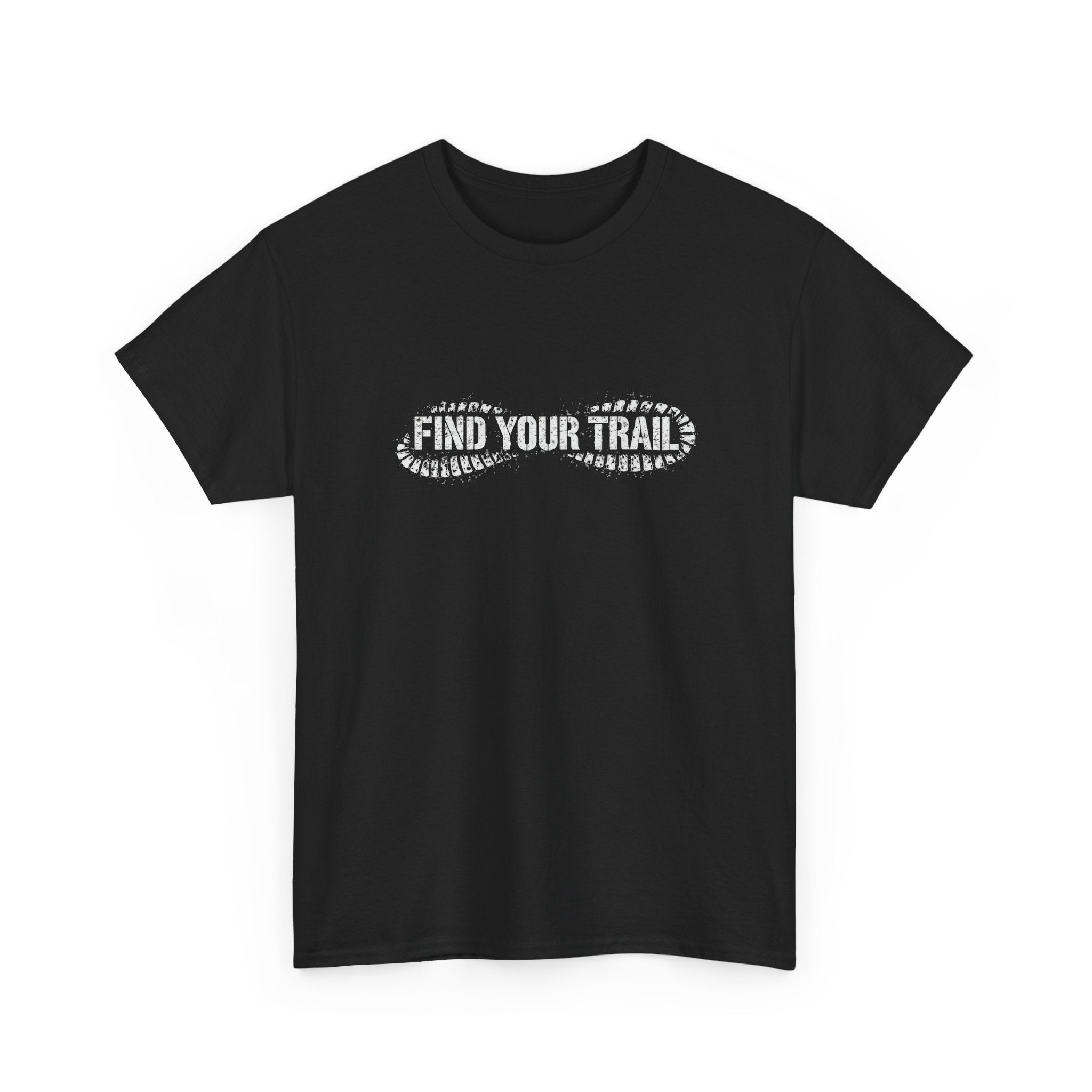 Black t-shirt with 'Find Your Trail' text design on a white background