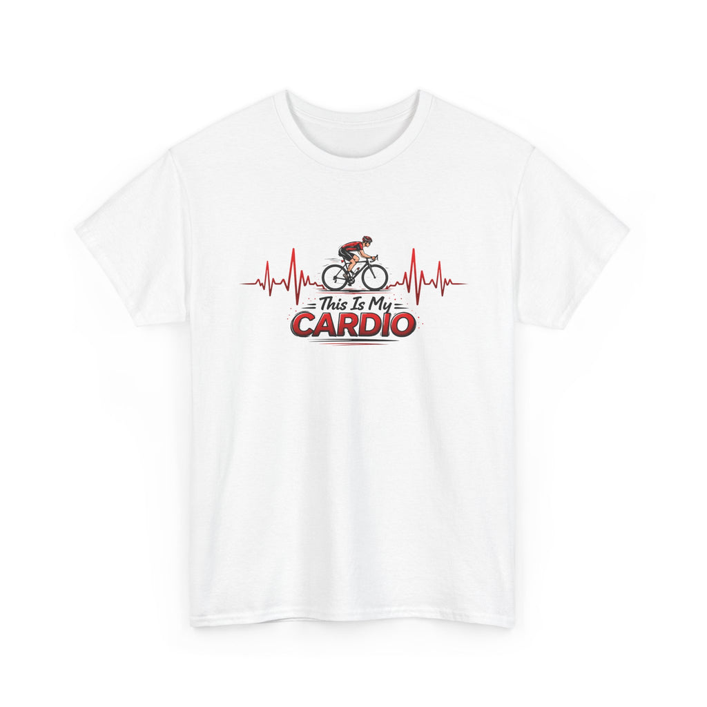 White t-shirt with a graphic design of a cyclist and text 'This is my cardio' on a white background
