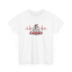 White t-shirt with a graphic design of a cyclist and text 'This is my cardio' on a white background