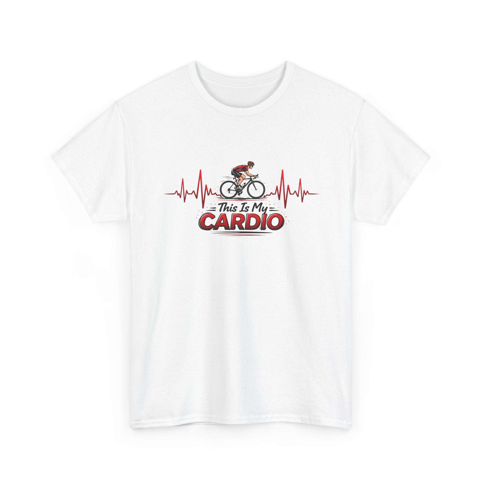 White t-shirt with a graphic design of a cyclist and text 'This is my cardio' on a white background
