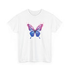 Shimmering metallic butterfly with pink and blue iridescent wings and flame-like accents, fantasy digital art illustration.