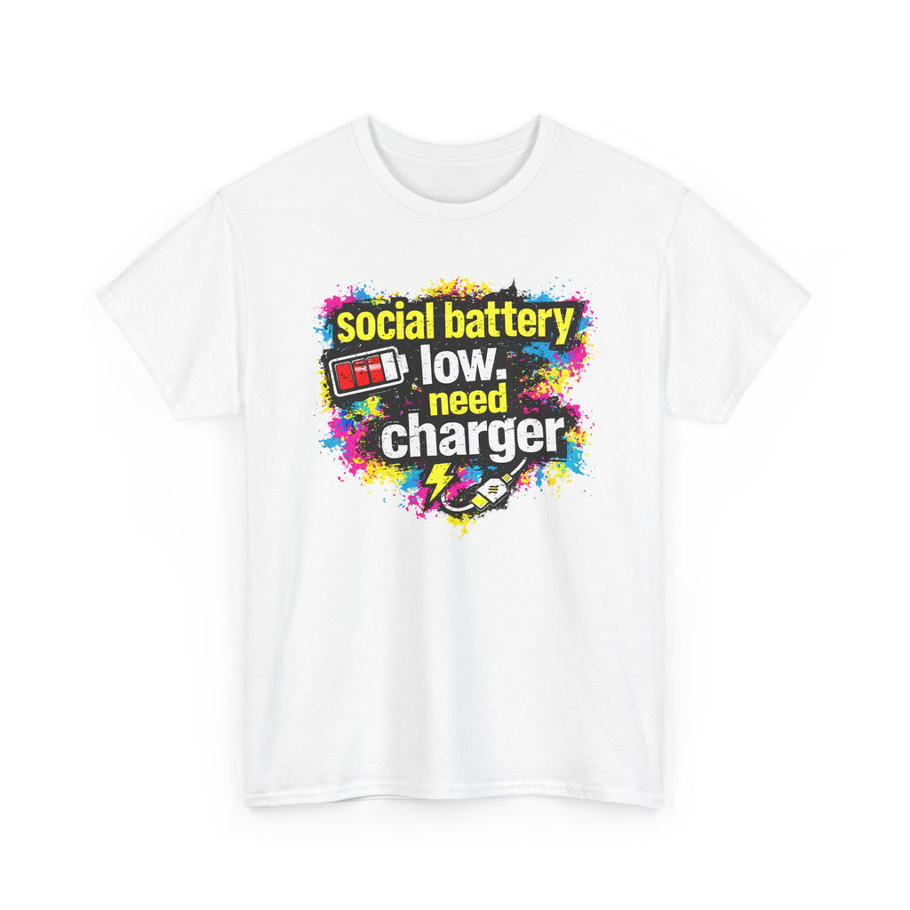 White t-shirt with colorful graphic and text 'social battery low, need charger' on a white background