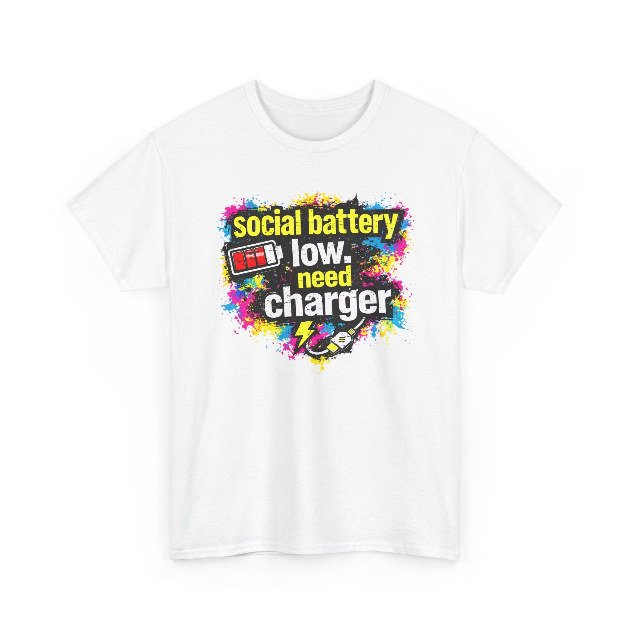 White t-shirt with colorful graphic and text 'social battery low, need charger' on a white background