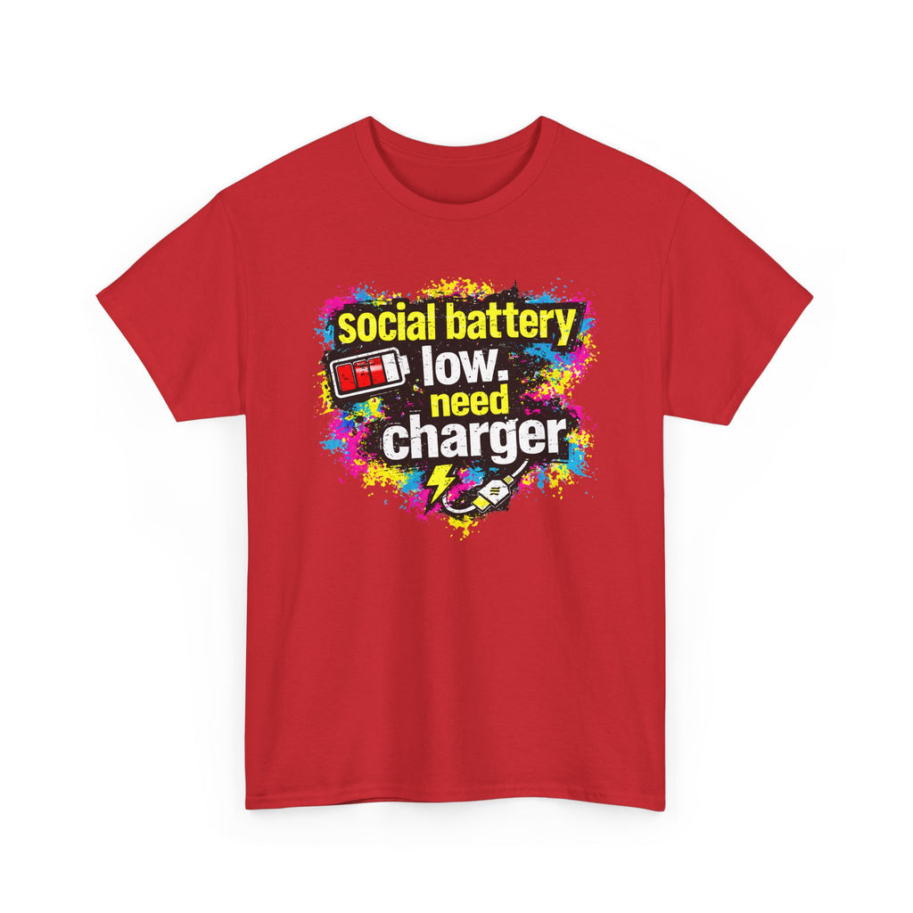 Social Battery Low Need Charger T-Shirt — Funny Sarcastic Introvert Graphic Tee