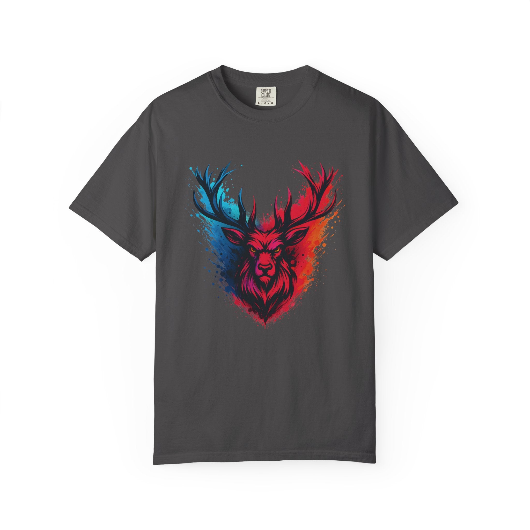 Stag Split-Color Splash T-Shirt — Red & Blue Deer Head Graphic
