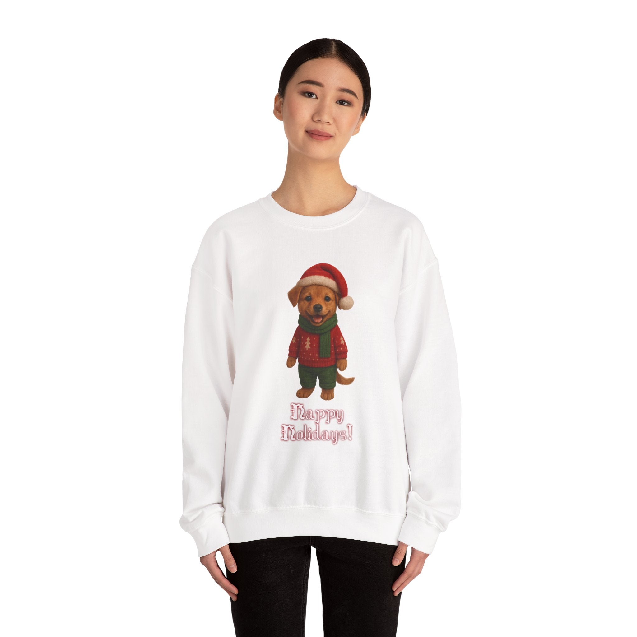 Crewneck Sweatshirt — Cute Puppy in Santa Outfit “Happy Holidays!” Christmas Sweater