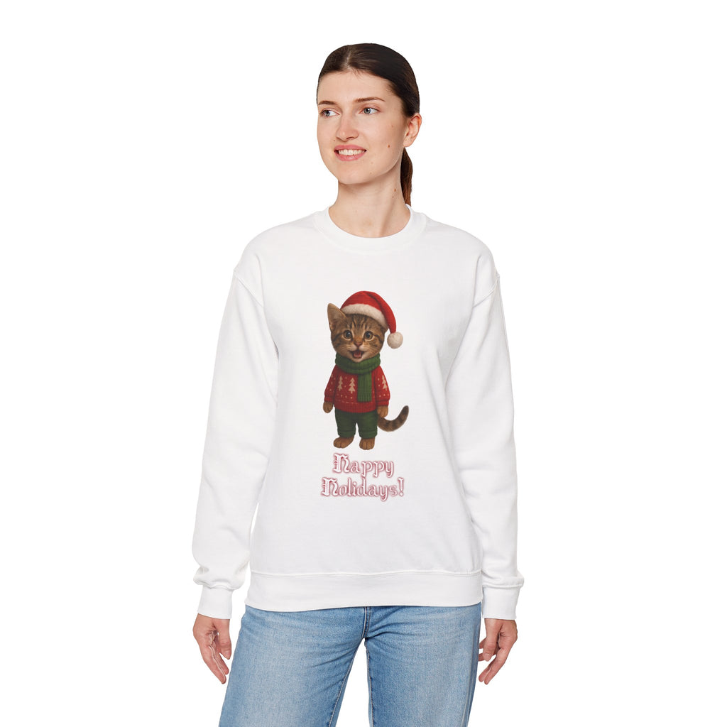 Christmas Kitten Sweatshirt – 'Happy Holidays!' Cute Cat Holiday Crewneck