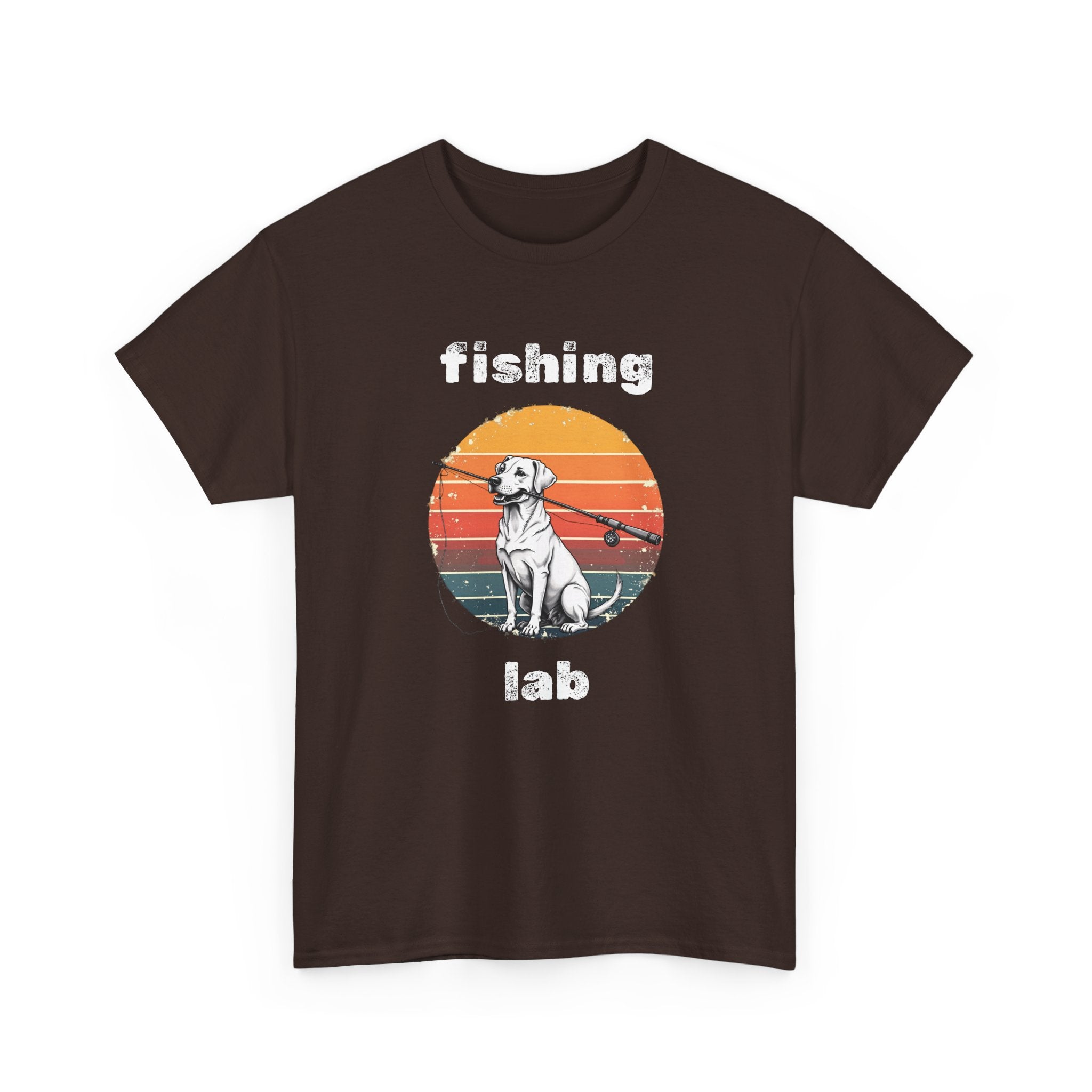 Fishing Lab T-Shirt — Retro Sunset Labrador Fishing Tee for Dog Lovers