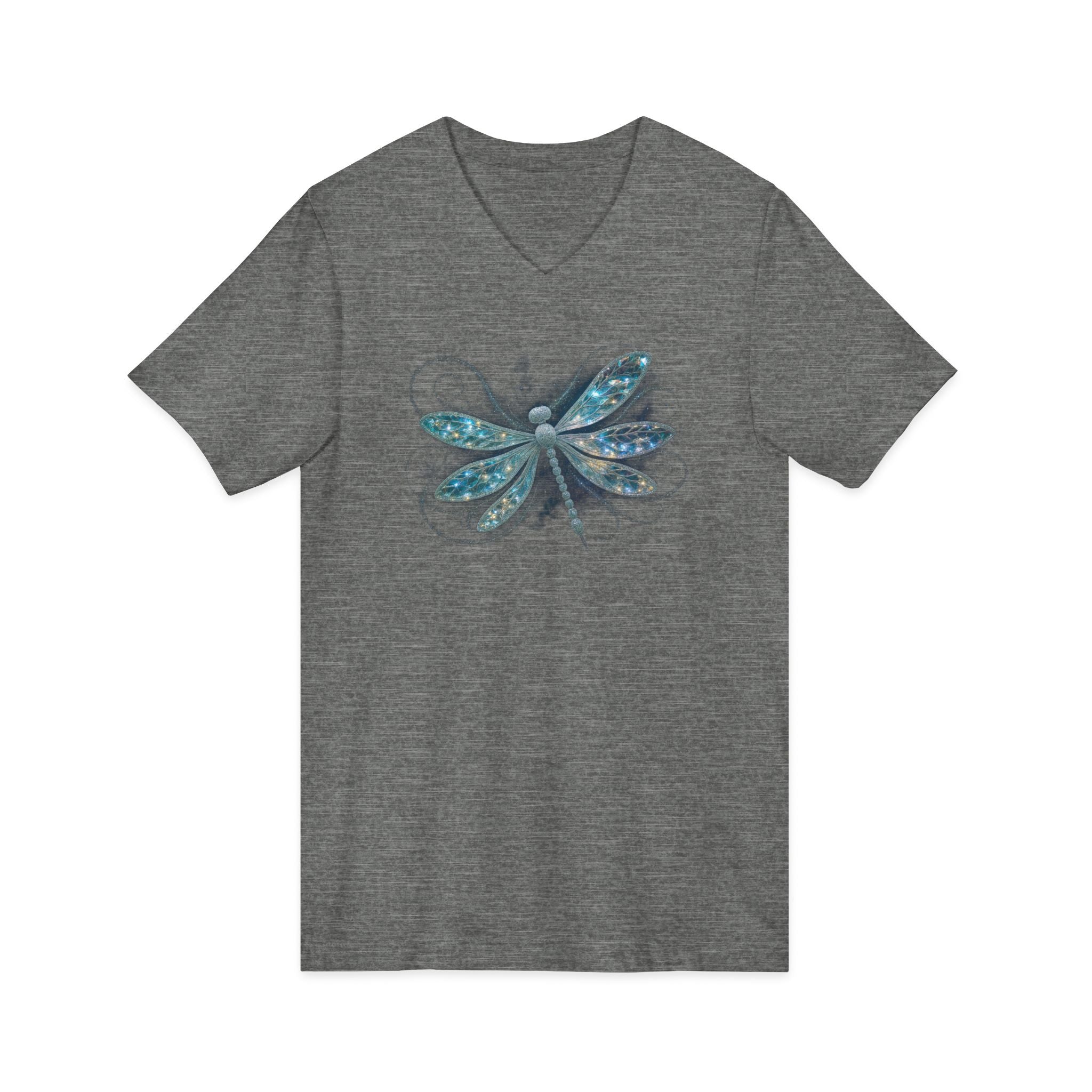 Dragonfly V-Neck Tee — Blue Glitter Floral Wing Graphic