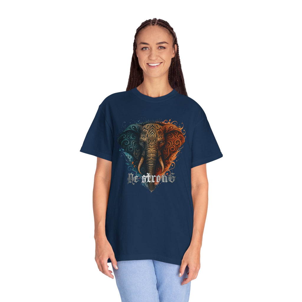 Elephant Head Graphic Tee — 'Be Strong' Tribal Art T-Shirt