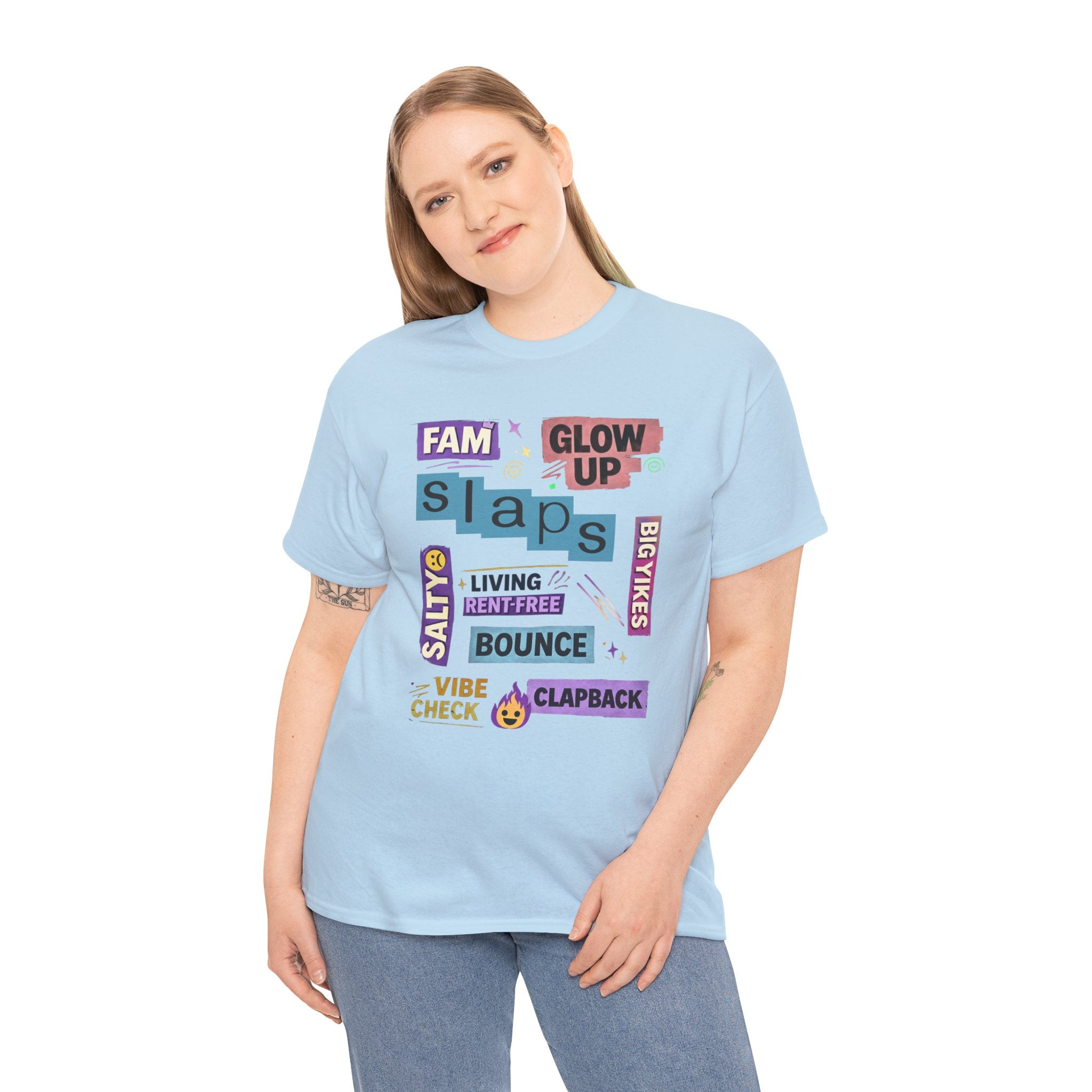 Gen Z Graphic Tee — Trendy Sticker-Style Words Design