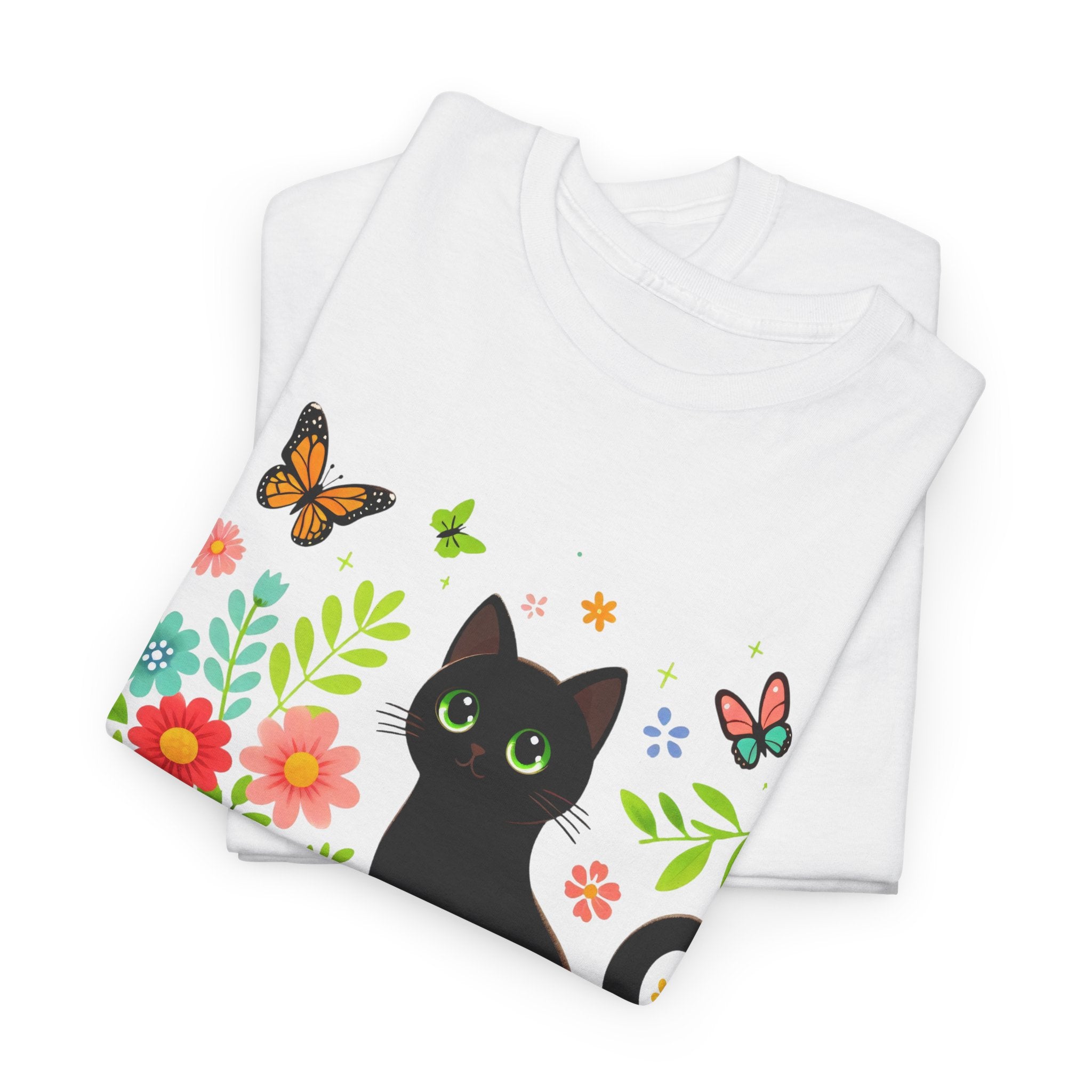 Black Cat Floral Tee - Cute Cat, Flowers & Butterflies Graphic T-Shirt