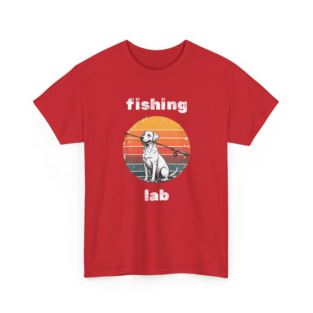 Fishing Lab T-Shirt — Retro Sunset Labrador Fishing Tee for Dog Lovers