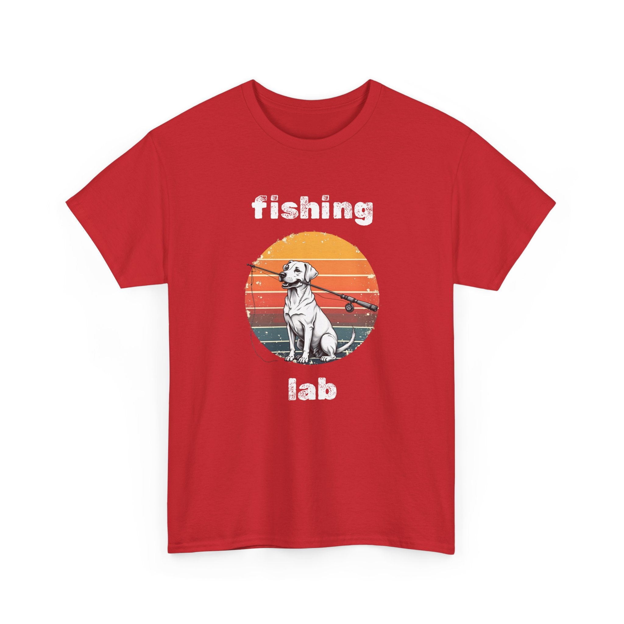 Fishing Lab T-Shirt — Retro Sunset Labrador Fishing Tee for Dog Lovers