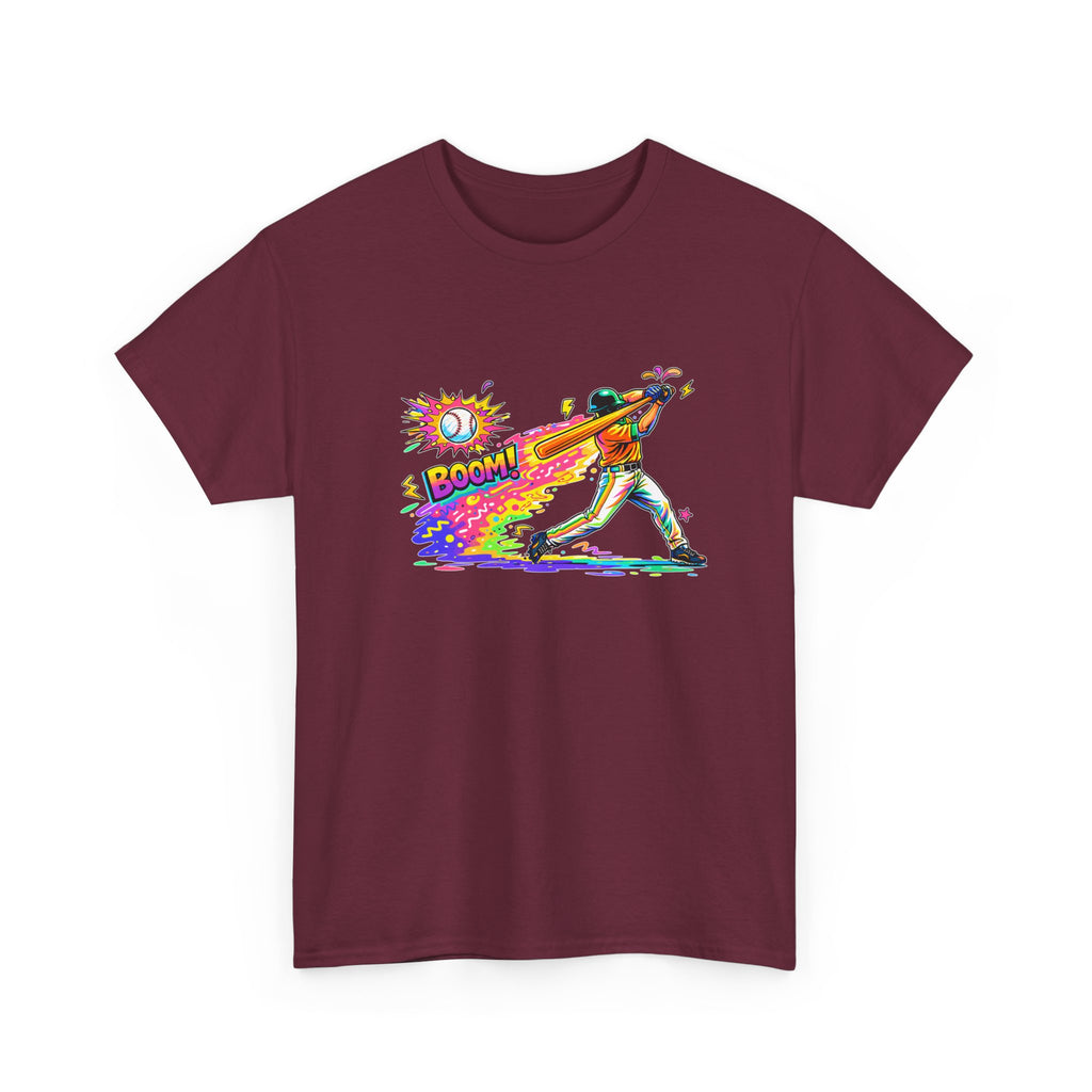 Baseball Batter Rainbow Blast Tee — 'Boom!' Graphic Sports T-Shirt