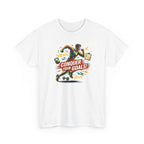 White t-shirt with a motivational graphic and text 'Conquer Your Goals!' on a white background