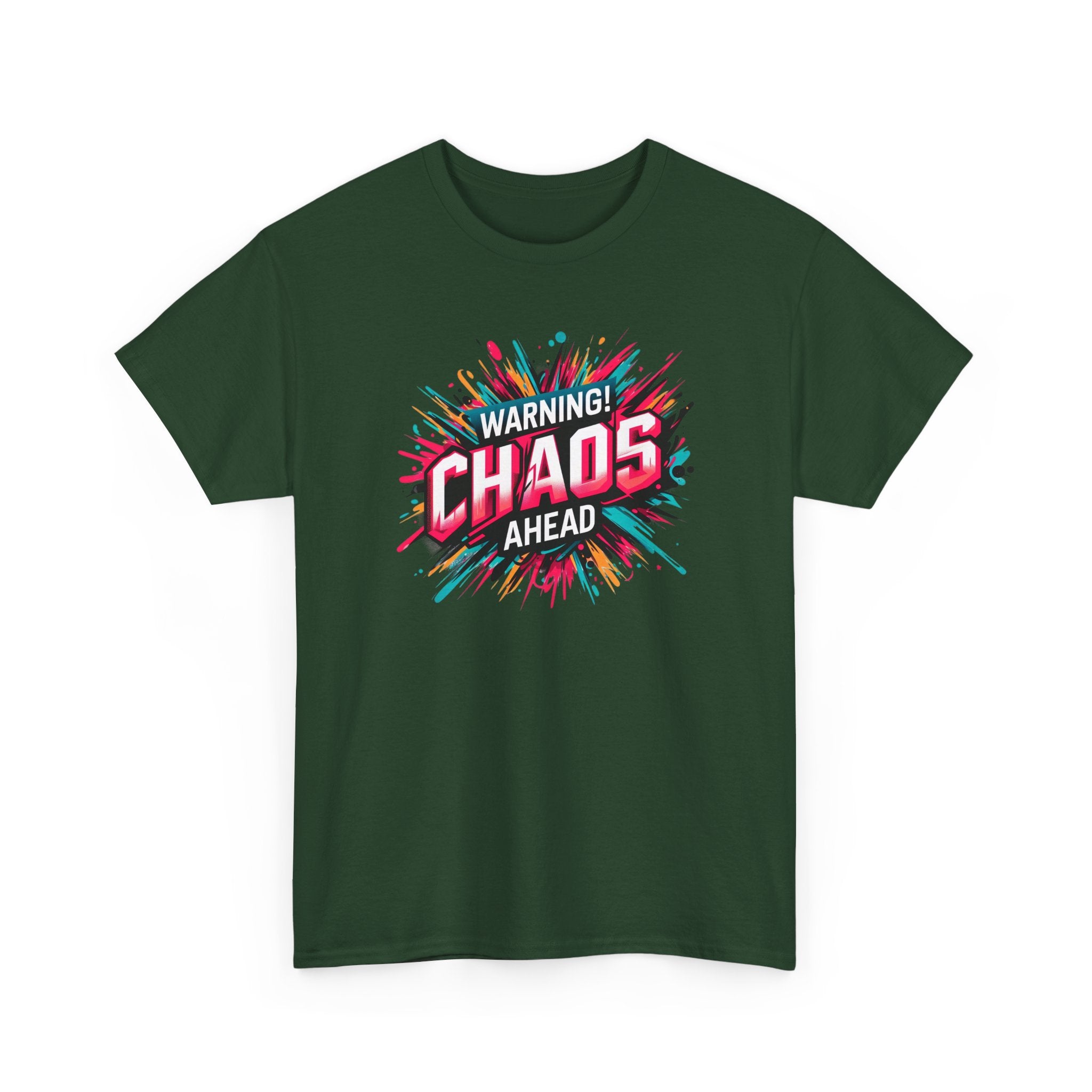 Chaos Ahead Graphic Tee — Warning! Colorful Explosion Design