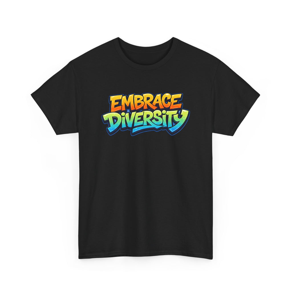 Black t-shirt with 'Embrace Diversity' text in colorful letters on a white background